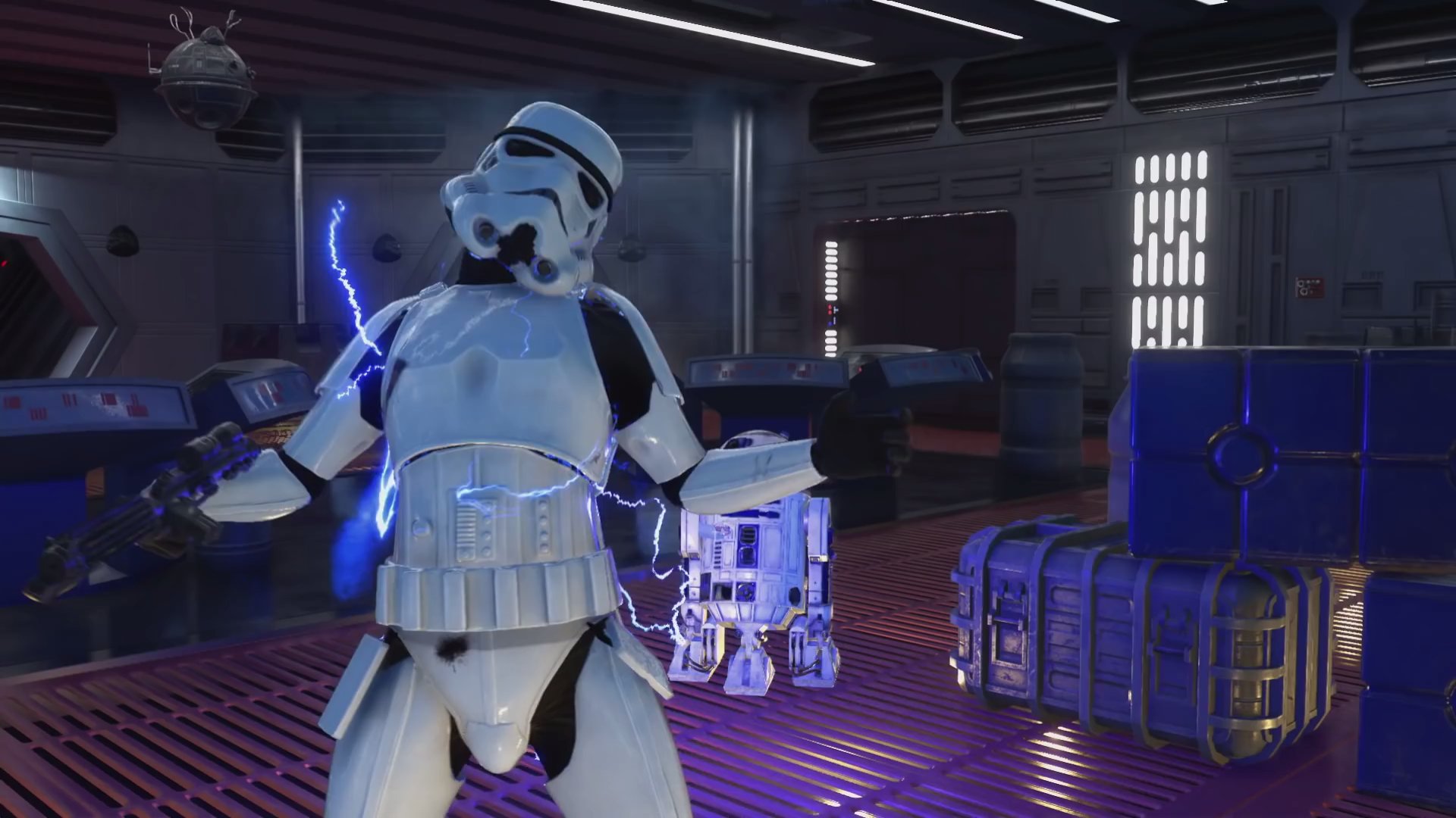 R2 shocking a stormtrooper.