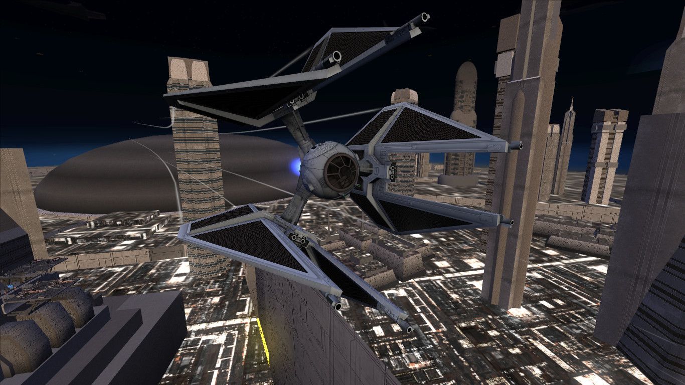 The TIE Defender in Battlefront III Legacy, which features ground-to-space flight.