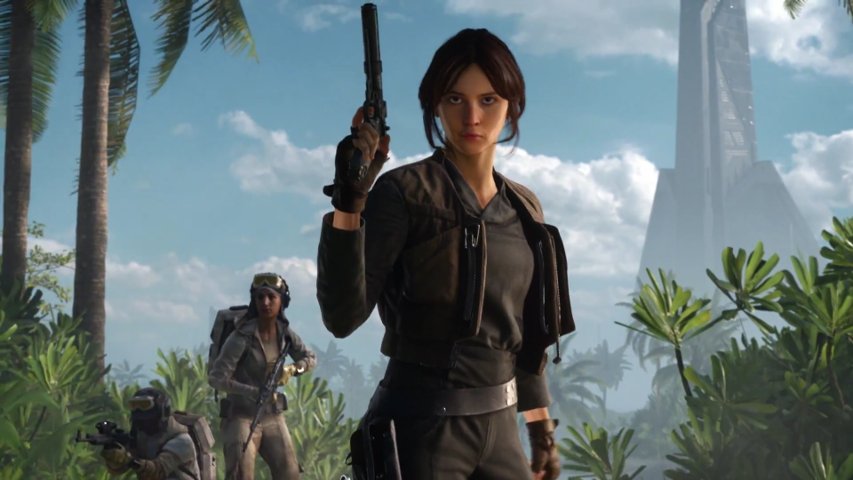 Jyn in front of a pair of Rebels wearing a Tatooine body with a Scarif cap.