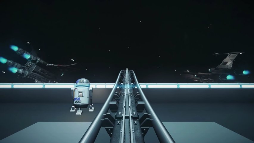 A screenshot from the Planet Coaster Death Star ride.