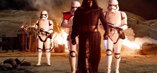 Kylo Ren and First Order Stormtroopers in The Force Awakens.