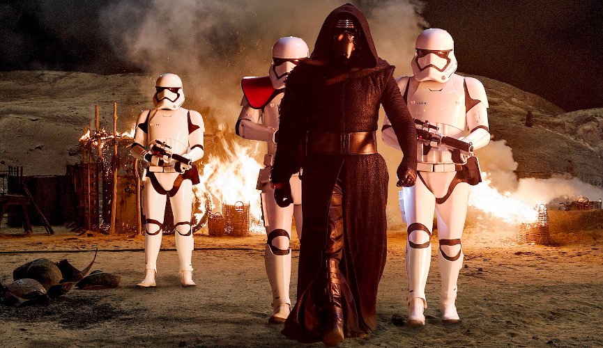 Kylo Ren and First Order Stormtroopers in The Force Awakens.