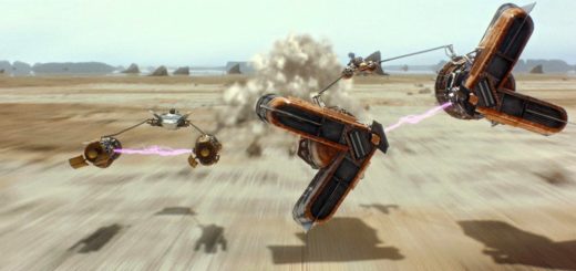 Rivals Anakin and Sebulba face off in a podrace.