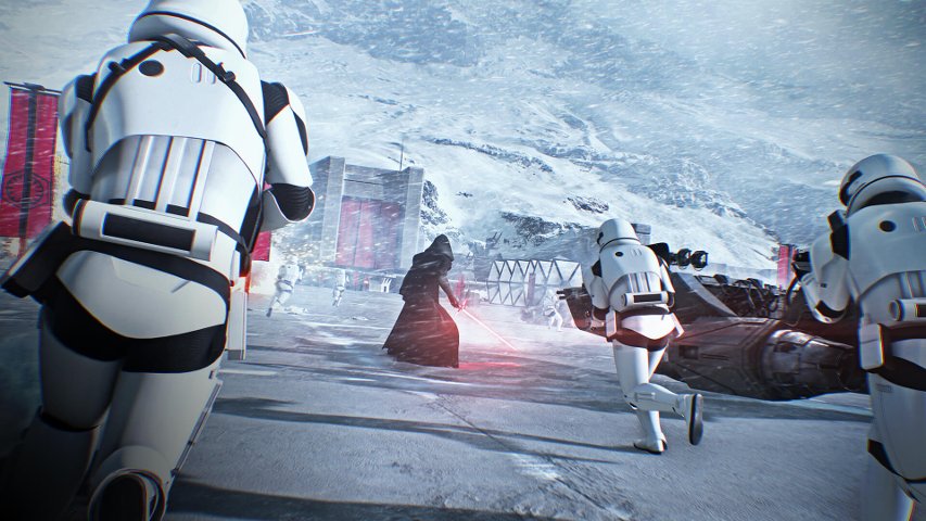 Kylo Ren and First Order stormtroopers in Battlefront II.