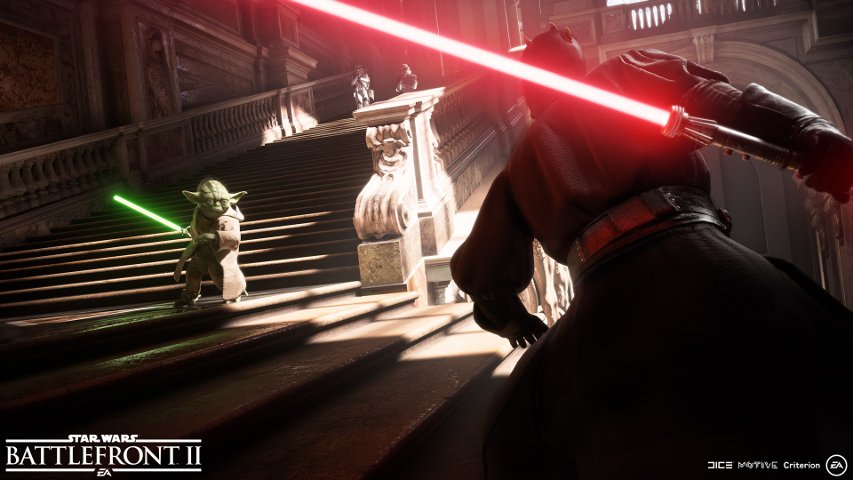 Promo image of Yoda and Darth Maul in Battlefront II.