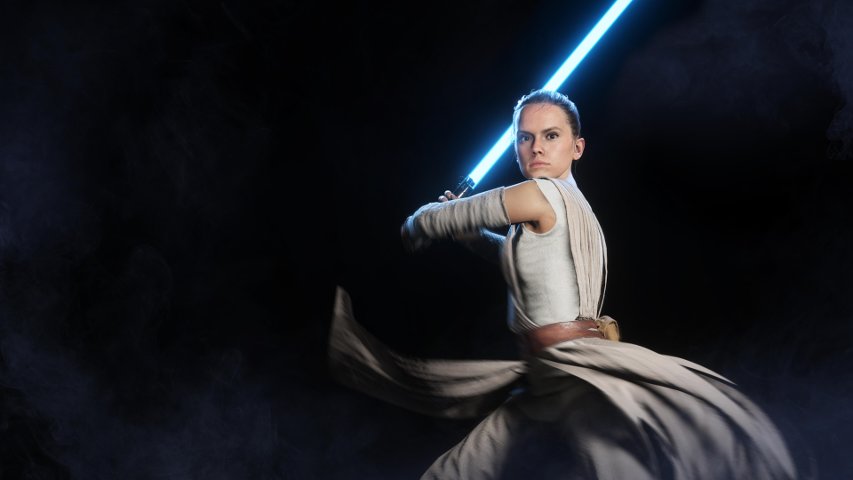 A high-quality rendering of Rey in Battlefront II.